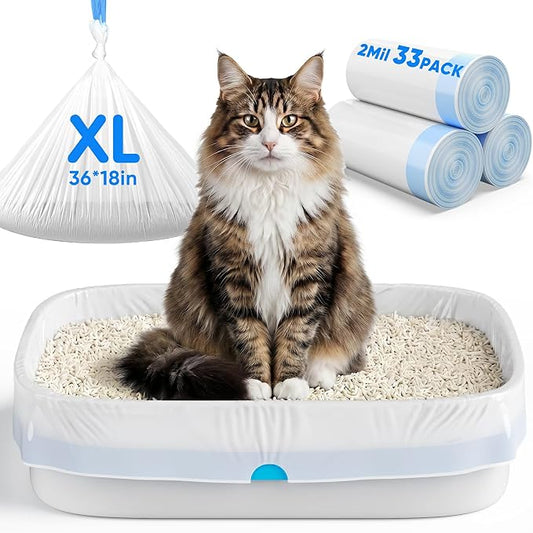 33 Count Jumbo Litter Box Liners 36" X 18",2mil Pre-Separated Cat Litter Bags with Heavy Duty Drawstring,Extra Thick Leakproof Cat Pan Liners for Kitty Box