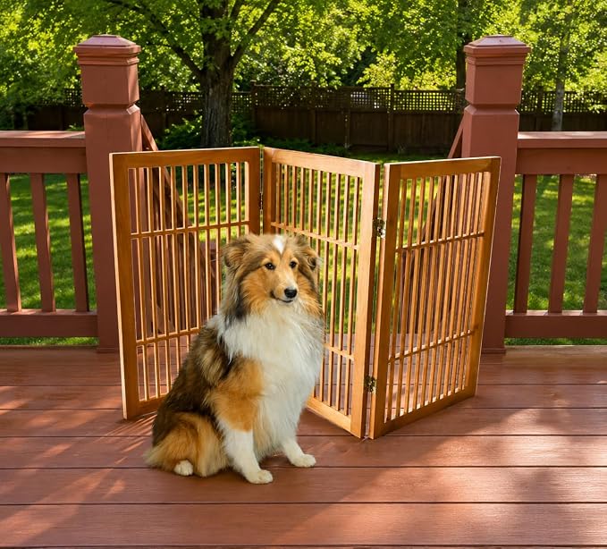 Urnporium Pet Dog Gate Freestanding, Strong Durable Folding Wooden Fence, Portable Acacia Hardwood Safety Barrier for Indoor & Outdoor Use (Brown Pet Gate, 3 Panel 30" Tall)