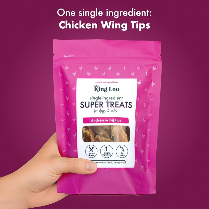 King Lou Pets Whole Chicken Wing Tips for Dogs & Cats, USA-Made Dehydrated Chicken Treats, Human-Grade Crunchy Dental Chews for Pet Hip & Joint Health, 30 Count