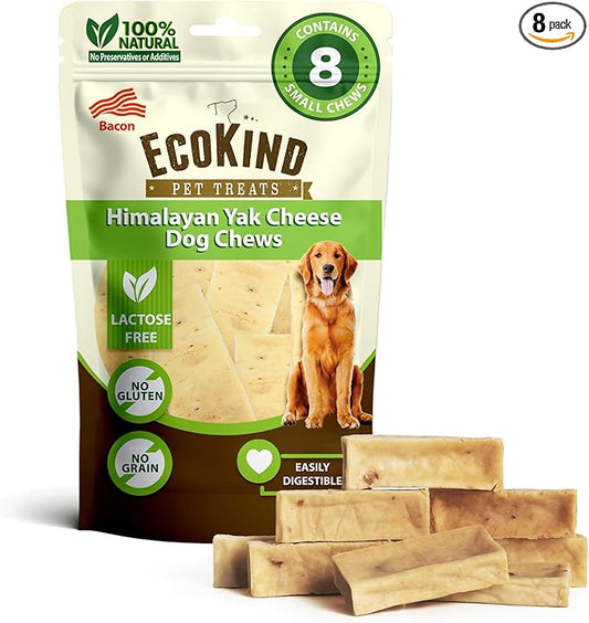 EcoKind Yak Cheese Himalayan Dog Chews, Yak Chews for Small Dogs, Long Lasting Bone for Aggressive Chewers, 4 Ingredients, Natural High Protein Treats, No Additives, Lactose Free, Bacon, Small 8 Chews