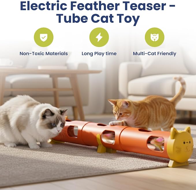 PAWSPIK Electric Feather Teaser Tube Cat Toy, Interactive Automatic Cat Toy for Indoor Cats, Smart Random Feather Play, Long Battery Life, Pet-Safe Materials (Large)