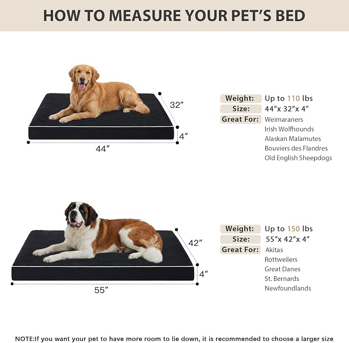 LEXTRO XXL Waterproof Orthopedic Dog Bed for Crate Mat, 44x32 Extra Large Dog Bed Washable with Removable Washable Cover, Comfortable Dogs Pad for Large Size Dogs, Black