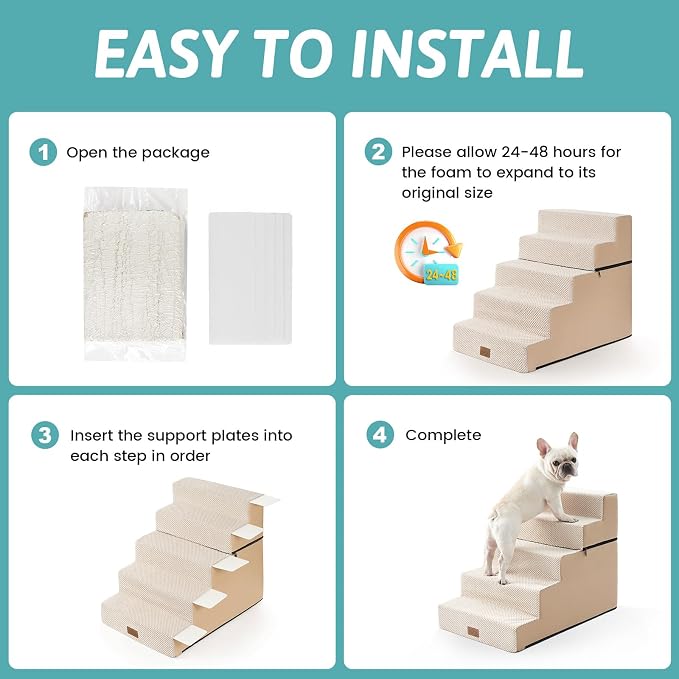 COZY KISS Dog Stairs for Small Dogs, 5 Tier Removable Wider Pet Stairs for Couch and Bed, 23.6" H Non-Slip Dog Steps for Puppies and Old Cats with Support Board, 19.7x29.5x23.6 inch, Beige