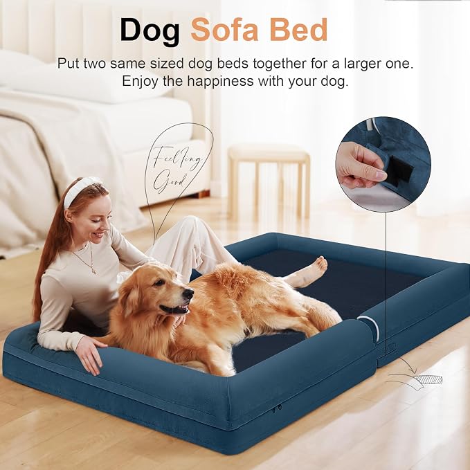 Large Dog Bed Orthopedic Washable: Extra Large Sized Beds for Jumbo Dogs Egg Crate Foam Sofa Couch Waterproof Removable Cover - Navy Blue