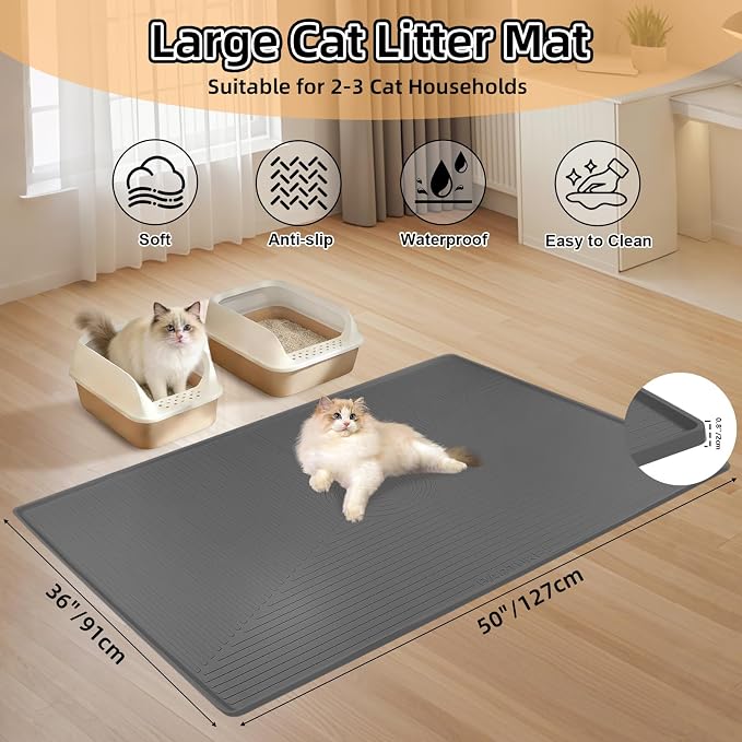 Silicone Cat Litter Mat, 50" x 36" Extra Large Litter Trapping Mat for Litter Box, Leak-Proof, Non-Slip, Kitty Litter Mats with Soft Texture for Floor, Keeping The Floor Clean (Dark Grey)