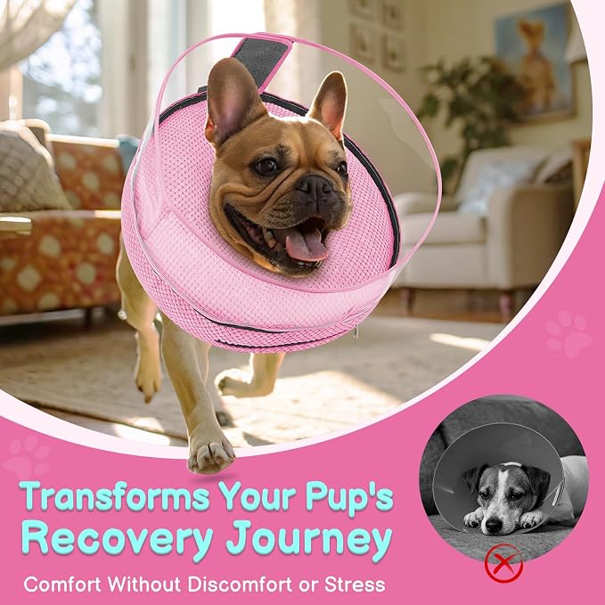 Soft Inflatable Dog Cone for Surgery Recovery, Protective Dog Donut Collar with Shield to Stop Licking Wounds, 2-in-1 Patented Comfort Blow-Up Collar (Pink, XL)