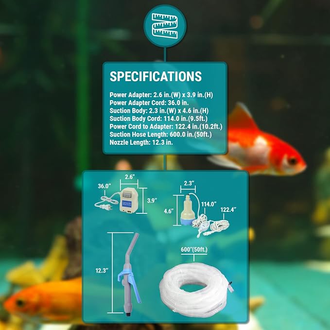 TERA PUMP TRAQUA-XXL Electric Pump for Extra Large Fish Tank Aquarium | 50 feet Hose/pump to 2nd floor, Flow Rate Control nozzle, Safety Double On Off Button with 3ft wire, Water Filter