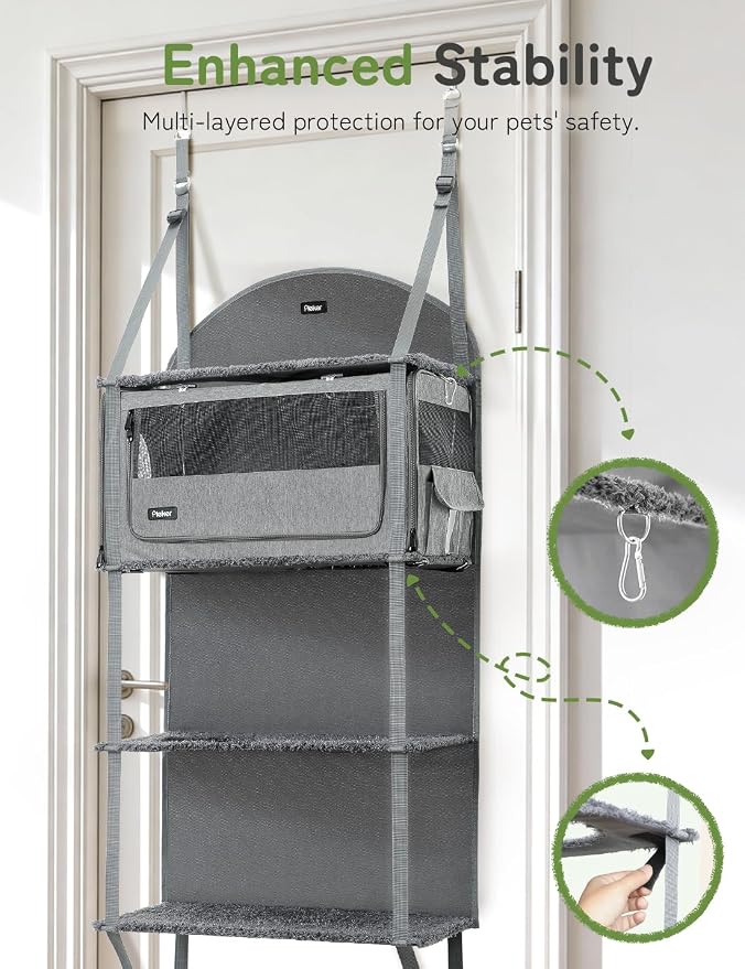 Pet Carrier for Small/Medium Cats Up to 22lbs, 4 in 1 Multi-Level Door Hanging Cat Tree Tower Condo for Indoor Cats, Collapsible and Tool-Free Assembly, Fits Doors <86in H