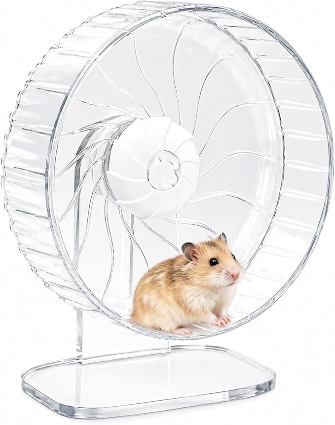 Silent Hamster Wheel, 10in Hamster Wheel with Adjustable Stand, Double-Bearing Quiet Spinner for Syrian Hamsters, Hedgehogs, Mice & Small Pets, Clear