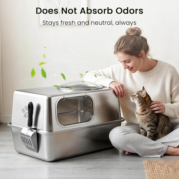 Ptlom Enclosed Stainless Steel Cat Litter Box with Lid, Extra Large Metal Litter Box, Leak-Proof High Sided Covered Litter Box for Kitties & Multi Cats, Non-Stick, Includes Litter Mat & Scoop