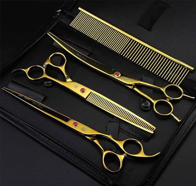 Purple Dragon 8.0" Titanium Multicolor Professional Pet Grooming Scissors Set,Straight & Thinning & Curved Scissors Shear with Bag for Dog Cat Grooming