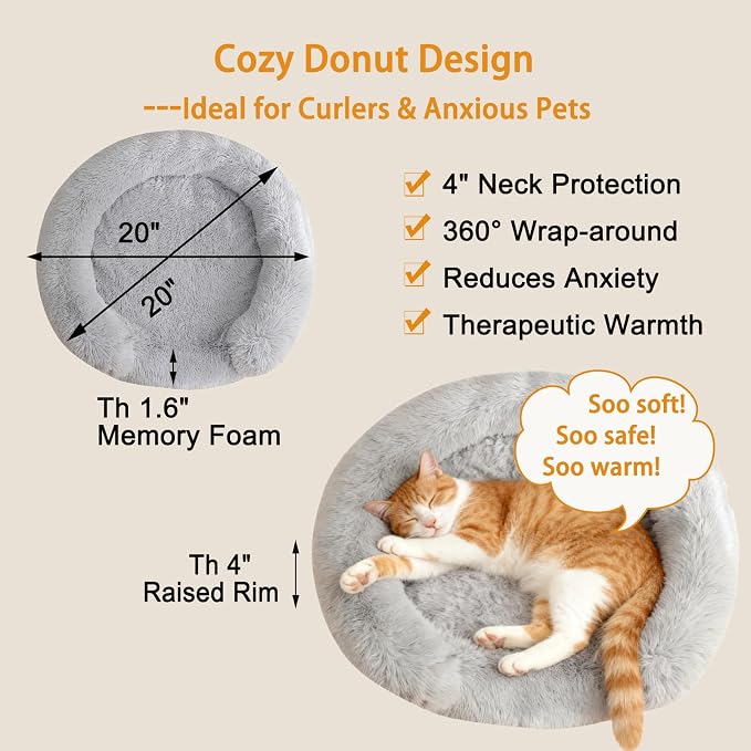 Calming Dog & Cat Beds with Orthopedic Egg-Crate Foam Raised Rim, Soft Fluffy Faux Fur Pet Bed for Small Medium Dogs, Anxiety Relief Spine Support, Machine Washable (Round, Pale Grey 20")