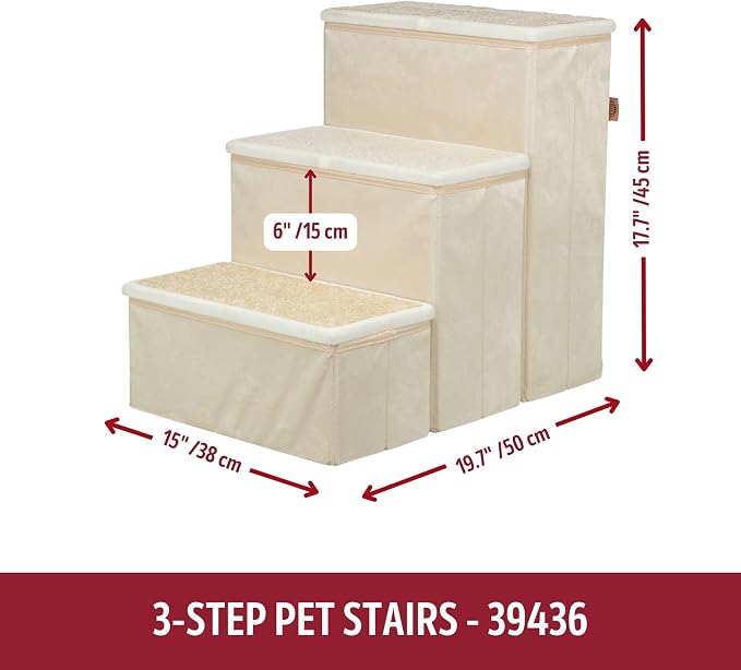 Trixie Velour Foldable 3-Step Pet Stairs with Storage, Collapsible, Storage Compartments for Pet Toys, Beige