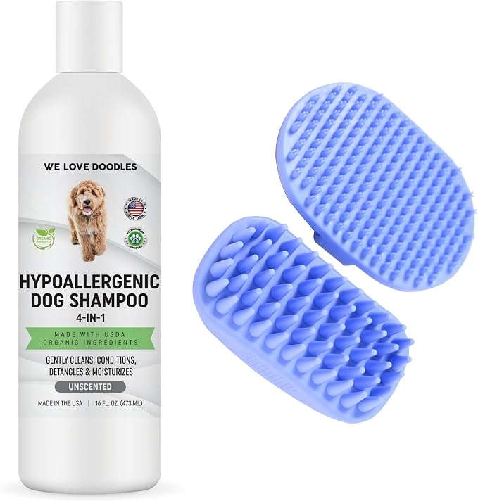 We Love Doodles Hypoallergenic Dog Shampoo, Conditioner & Detangler and Pet Bath Brush, Sensitive Skin & Allergies, Made in USA, Grooming Brush for Shower Scrubbing & Soothing