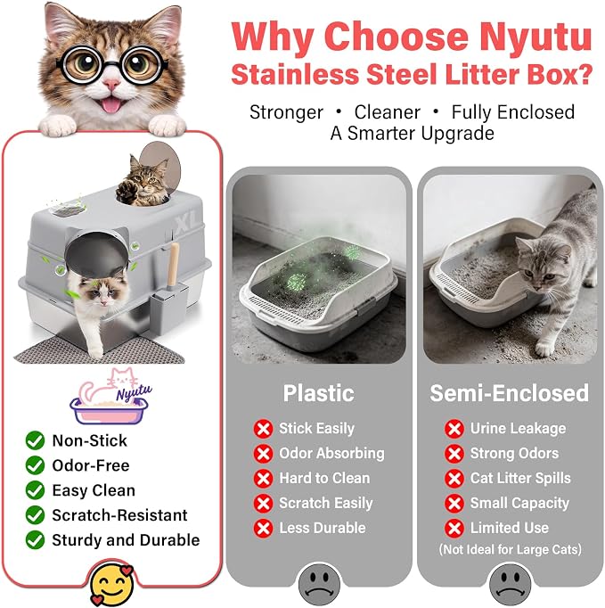 Stainless Steel Litter Box with Lid, XL Extra Large Cat Litter Box for Big Cats, Front & Top Entry Metal Cat Box with Scoop and Mat, Odor-Free, Anti-Urine Leakage, Non-Sticky, Easy Cleaning