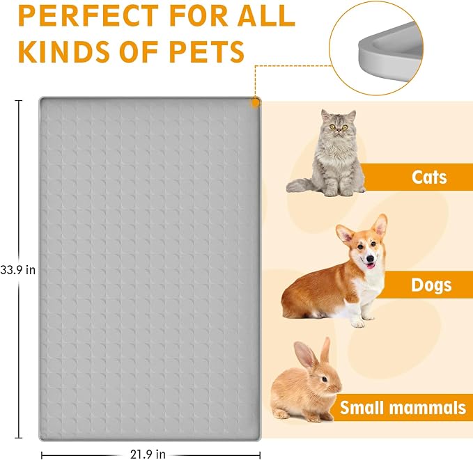Extra Large Silicone Dog Food Mat 33.9"x21.9" – 0.27" Raised Edge Waterproof Pet Feeding Mat, Non-Slip Placemat for Multiple Bowls, Auto Feeders, Cat Fountains, Dishwasher Safe (Black/Gray)