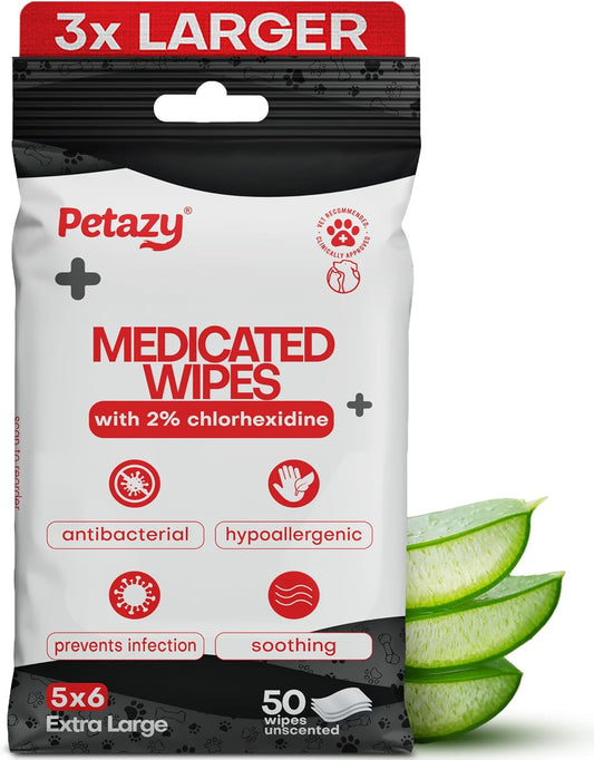 2% Chlorhexidine Wipes for Dogs 3X Larger | Yeast Infection Ringworm Fungus Hot Spot Itch Relief | Medicated Antibacterial Antifungal Extra Gentle Soothing Topical Wipes for Dog Cat | 50 Wipes