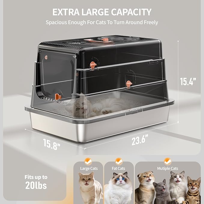 Stainless Steel Cat Litter Box with Lid, Extra Large Enclosed Metal Litter Pan with High Sides, Full Flip Cover Litter Box for Large Cat, Include Scoop & Step, Leak Proof Easy Clean Odor Control-Black