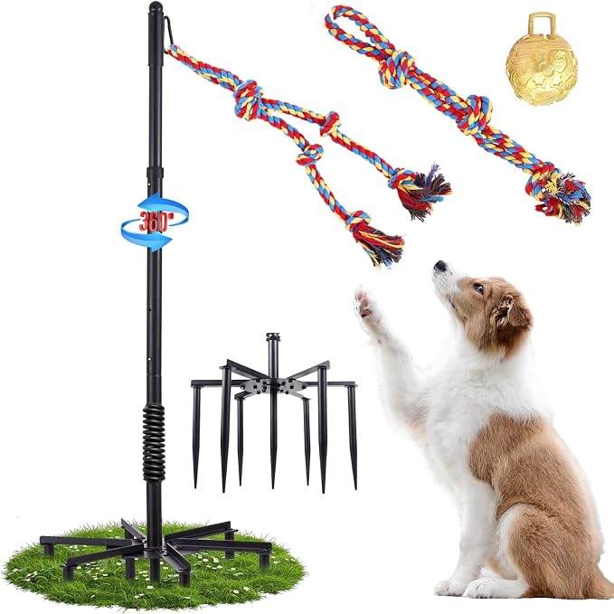 Upgrade Tether Tug Outdoor Dog Toy,Outdoor Tug Of War Toy in Park,Yard,Lawn,Tether Interactive Dog Tug Toy,2 Rope Toy and Bell Pull Chase and Solo Play,Tether Tug For Large Dogs,For Medium Small Dogs
