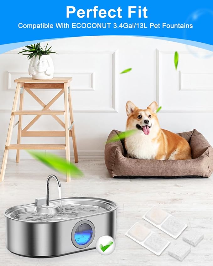 12+12 Pack Dog Water Fountain Filter Compatible with ECOCONUT 3.4Gal/13L Stainless Steel Large Pet Fountain, Activated Carbon & Sponge Filter for Cat Dog Water Bowl Dispenser