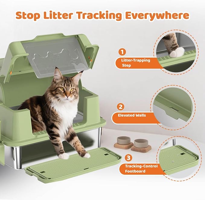 Homegroove XXXL Stainless Steel Litter Box with Lid, 28''x20''x18'' Extra Large Cat Litter Box with Litter Scoop & Pedal, Enclosed Metal Cat Litter Pan for Large & Multi-Cats, Anti-Leakage (Green)