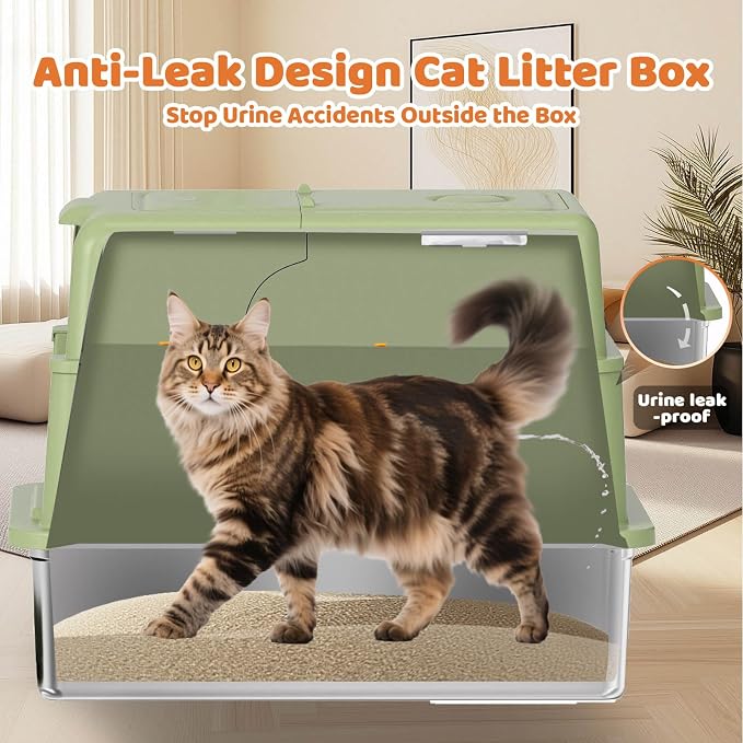Homegroove XXXL Stainless Steel Litter Box with Lid, 28''x20''x18'' Extra Large Cat Litter Box with Litter Scoop & Pedal, Enclosed Metal Cat Litter Pan for Large & Multi-Cats, Anti-Leakage (Green)
