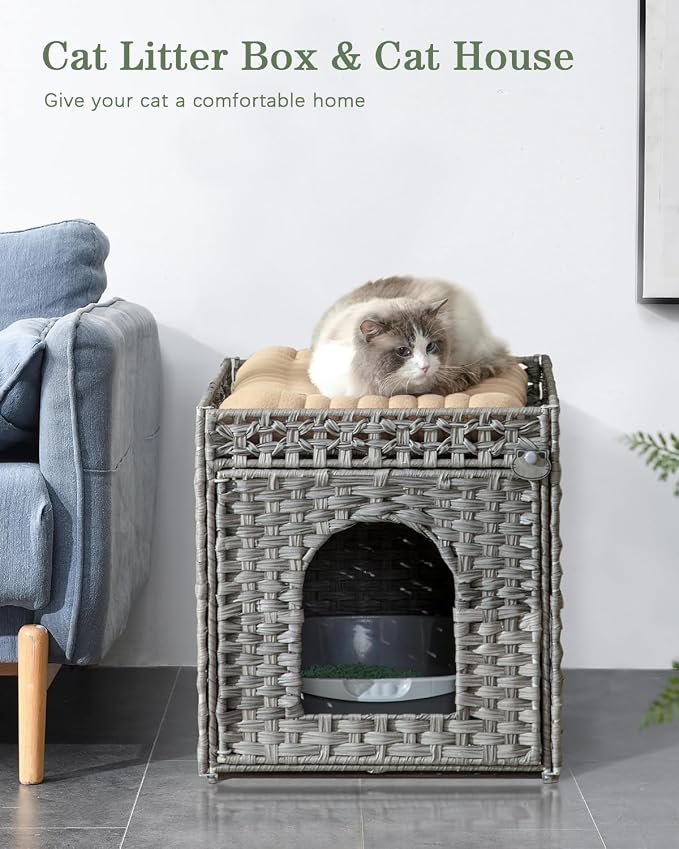 SETVSON Cat Litter Enclosure with Hidden Litter Mat and Rattan Cat House, Supports Two Litter Boxes, Ideal for Living Room or Bedroom (Gray)