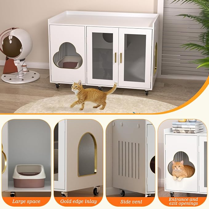 Cat Litter Box Enclosure, Large Cat Litter Box Furniture Transparent Glass Door, Fit Most of Litter Box, Modern Indoor Partitioned Cat House, End Table, 39.4 X 21.7 X 24.8 Inches, White