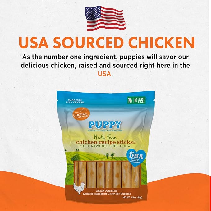 Canine Naturals Puppy Chicken and Rice Chew - Rawhide Free Puppy Treats - Made with USA Chicken - All-Natural & Easily Digestible of 5-Inch Sticks for Puppies,(Pack of 20)
