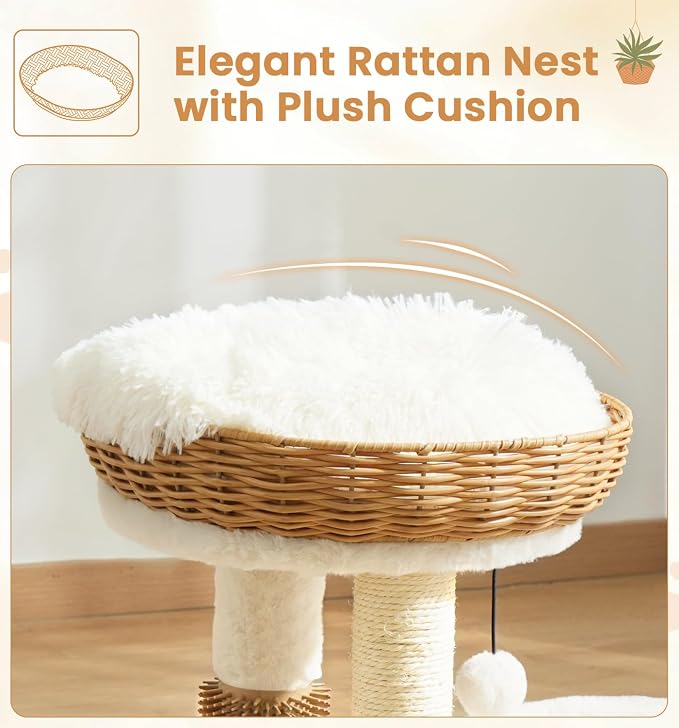 Made4Pets PE Rattan Cat Tree Tower with Scratching Post, 18 inch Small Cat Tree for Kittens, Handwoven Wicker Basket Bed with Soft Cushion, Cozy Cat Bed, Self Groomer and Hanging Plush Ball Toy