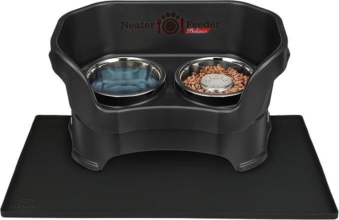 Neater Pets Neater Feeder Deluxe Mess-Proof Slow Feed Bowl & Water Bowl with Neater Mat Waterproof Silicone Mat - Protect Floors from Food & Water, Midnight Black