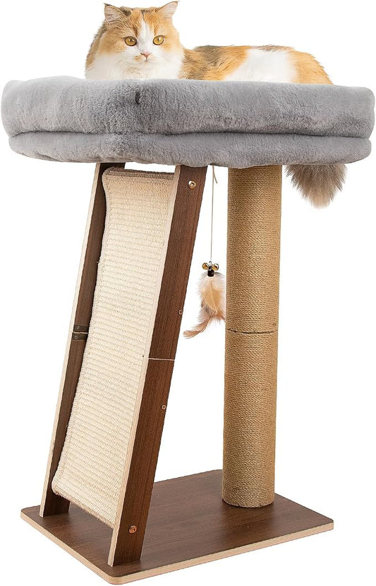 27.5" Cat Scratching Post, 3-in-1 Multifunctional Walnut Finish Pine Wood Cat Furniture, Tall Scratch Posts with Perch&Scratcher, Boxed with Hanging Bell Toy, Medium
