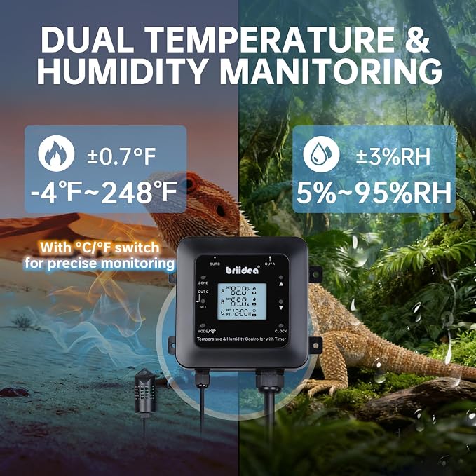 Briidea Smart WiFi Temperature and Humidity Controller with Timer Outlet, 3-in-1 Reptile Thermostat Hygrostat, App Control via Dual-Band 2.4G/5G WiFi for Greenhouse, Incubator, Mushroom, and Homebrew