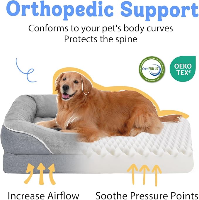 Chez Paw Orthopedic Dog Bed for Medium & Large Dogs, Waterproof Egg-Crate Foam Dog Bed with Removable Washable Cover, 4-Sided Bolster Support & Non-Slip Bottom, Silver 36"x27"x7"