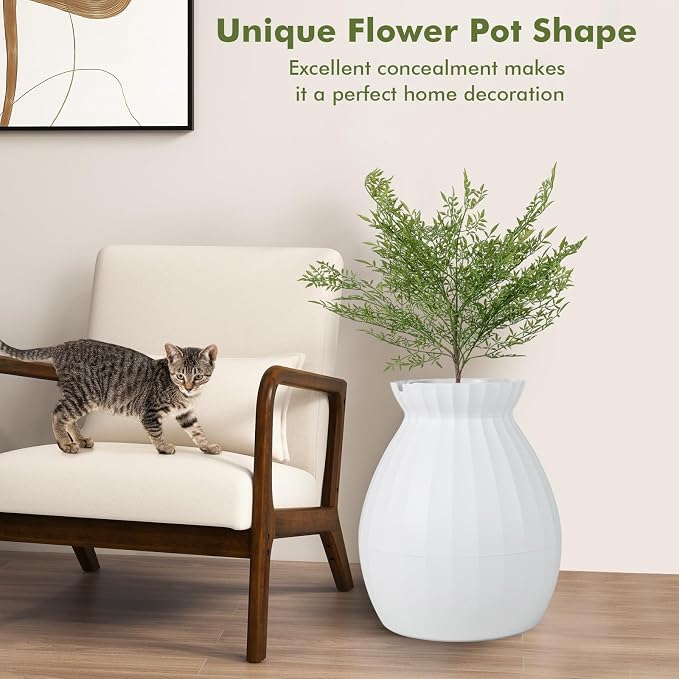 PETSITE White Plant Litter Box, Cat Hidden Litter Box Enclosure with Artificial Plant, Advanced Odor Removal System, Detachable Door Curtain, Cat Litter Scoop, Large Planter Litter Box