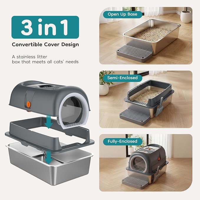 OLIXIS Stainless Steel Litter Box with Lid, Extra Large Enclosed Cat Litter Pan for Big Cats, High Sided Cat Box with Scoop & Mat, Front & Top Entry, Easy Cleaning, Grey