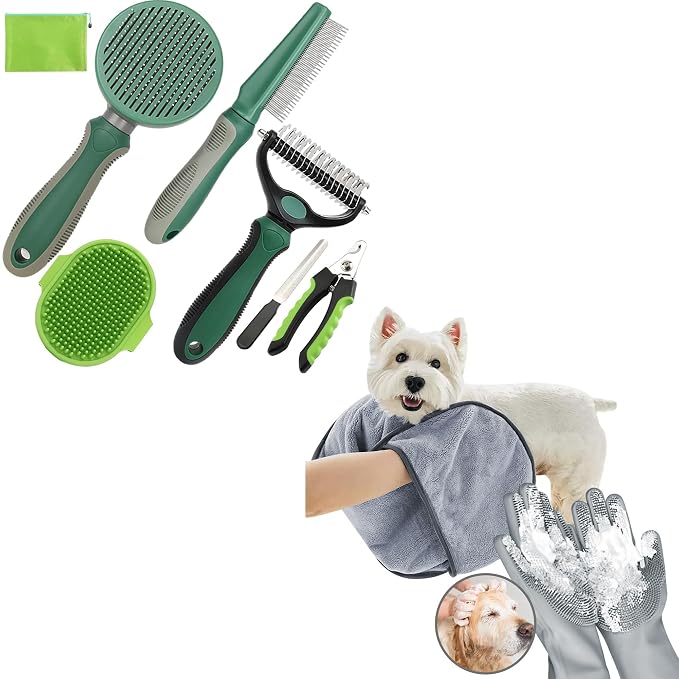 7 PCS Dog Brush for Shedding and Dog Washing Gloves - Quick Drying Dog Towel,Bath Brush for Long & Short Haired Dogs, Cats Green Grey