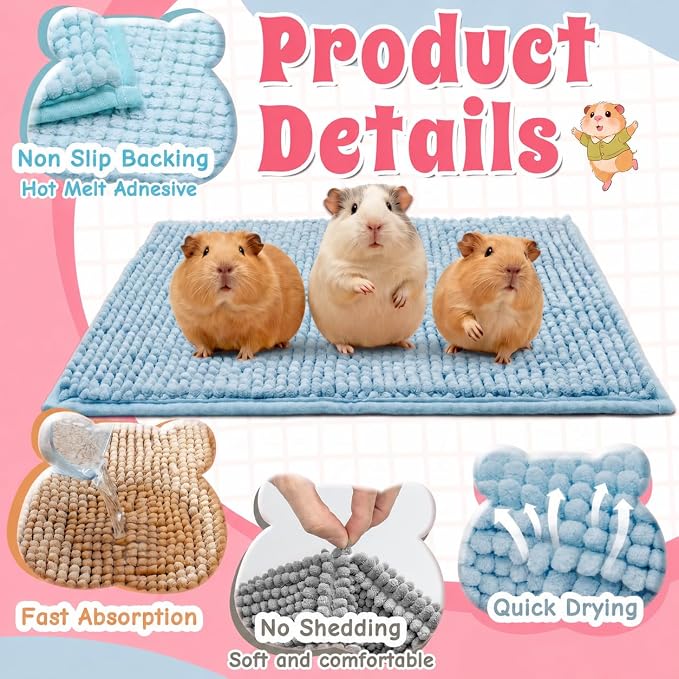 Guinea Pig Cage Liner, 4 PCS Washable Guinea Pig Bedding Fleece Mat, Reusable Pee Pads for Small Animals, Bunny Rabbit Hamster Chinchilla Cage Accessories 16x12 Inch Blue