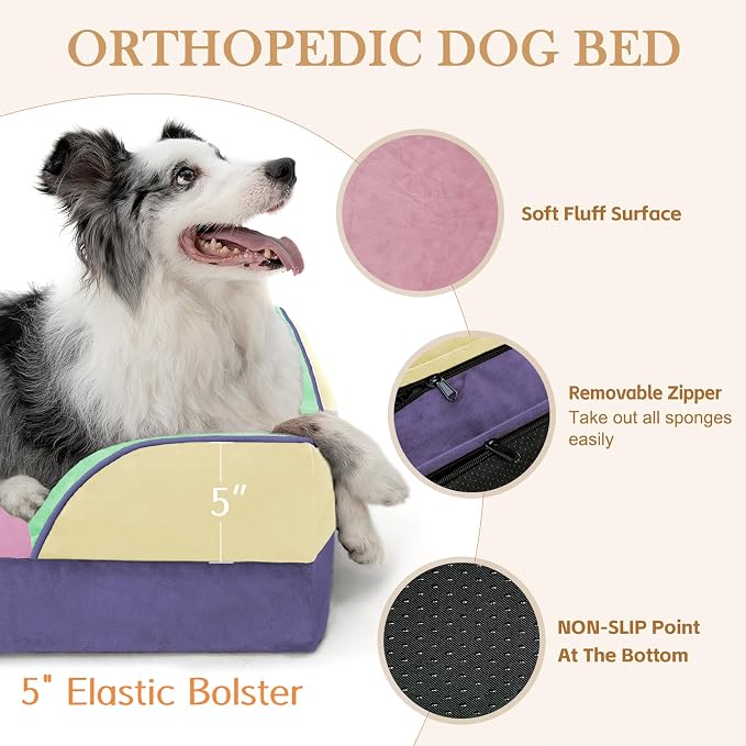Comfort Expression Orthopedic Dog Bed for Extra Large Dogs 45x35 Inch, Waterproof Egg Crate Foam XL Pet Bed with Bolsters, Dog Couch with Washable Cover & Non-Slip Bottom, Frosted Grape