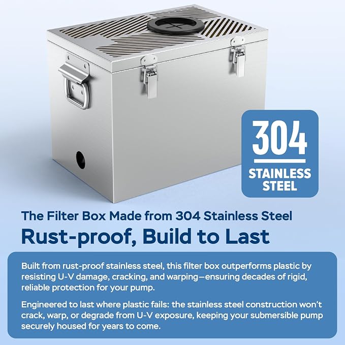 Stainless Steel Pond Filter Box with 3-Stage Filtration, Includes Filter Sponges, Ceramic Rings & Bio-Balls, Fish Pond Filter for Outdoor Ponds, Garden, Waterfall, Fountain & Water Feature
