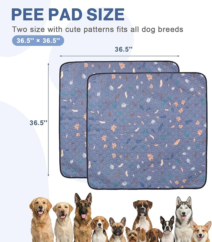 36.5'' x 36.5'' Washable Pee Pads for Dogs, Super Absorbent Reusable Puppy Training Pads, 100% Leak-Proof & Non-Slip Whelping Box Pads for Pet, 2 Pack