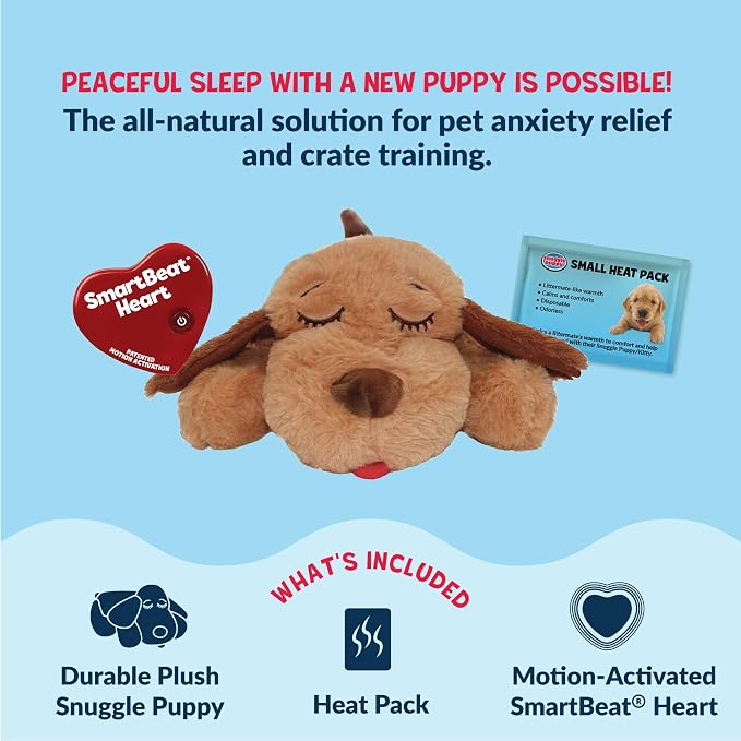 Snuggle Puppy Junior, Heartbeat Puppy Toy for Small Breeds, Smaller Plush Dog Toy with Real-Feel Pulse, Designed for Crate Use and Early Routines - Biscuit with 7 Overnight Heat Packs