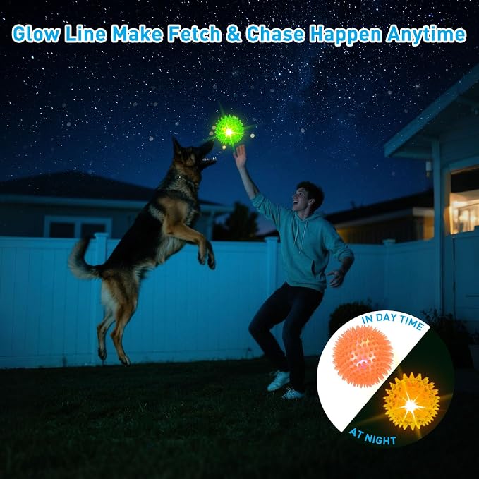 Novkin 6-Pack 3.5” LED Light-Up Squeaky Dog Toy Balls ，Durable Interactive Glow Fetch Toys for Aggressive Chewers，BPA Free Non-Toxic, Spiky Puppy Chew Balls