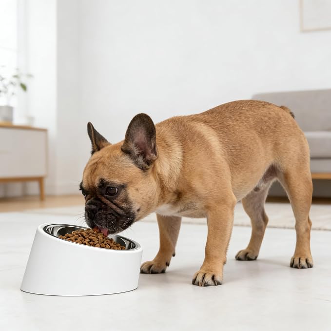 15° Tilted Dog Bowl for Medium Breeds (Size M, White), Anti-Choke Stainless Steel Pet Bowl for Brachycephalic Dogs (Bulldog/Corgi), Non-Spill Detachable Feeder