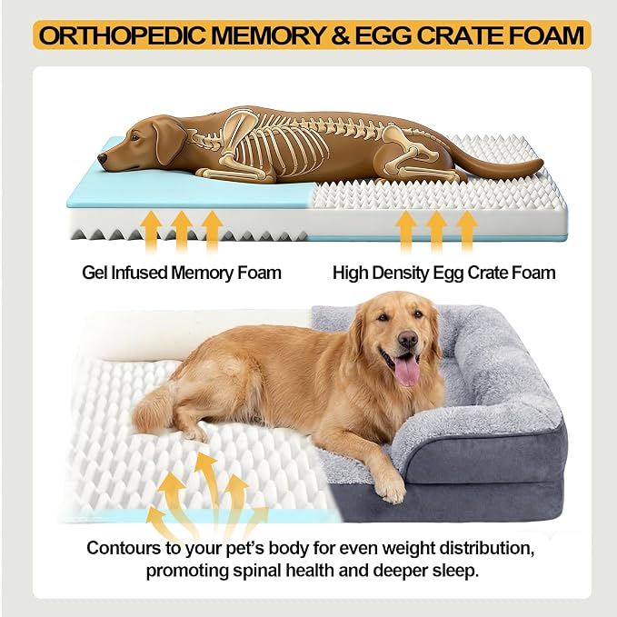 Orthopedic Dog Bed for Large Dogs - Gel Memory Foam Pet Bed with Waterproof & Washable Cover, Contoured Bolster Design for Dogs & Cats (Grey, 36.0" L x 27.0" W x 6.7" Th)