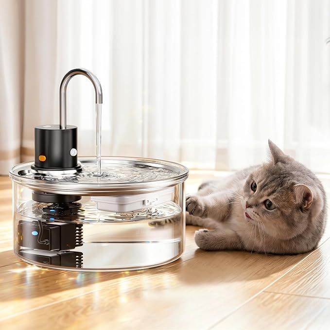 Wireless Cat Water Fountain Glass DIY - 108oz/3.2L Automatic Ultra-Quiet Cat Water Fountain Cordless, Glass Battery Operated Pet Fountain Rechargeable Water Dispenser for Cats, Puppy, Multiple Pets