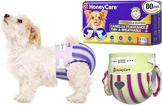 HONEY CARE Petrichor Female Dog Diaper, Camellia Fragrance, Emits Fresh Scent While Absorbing Urine, Thin & Breathable, 2 Fashion Designs in 1 Package, XS, 80 Count