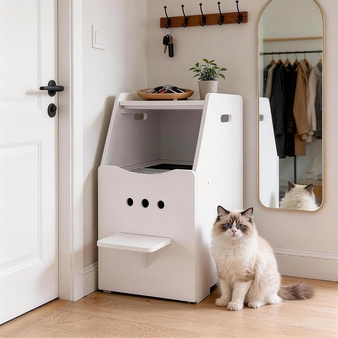Cat Litter Box Enclosure Furniture, Wooden Top Entry Design & Litter Filter Baffle, Fully Enclosed Bottom Door Hidden Cat Washroom, Fits Large Litter Boxes for Living Room/Bedroom/Entryway, White