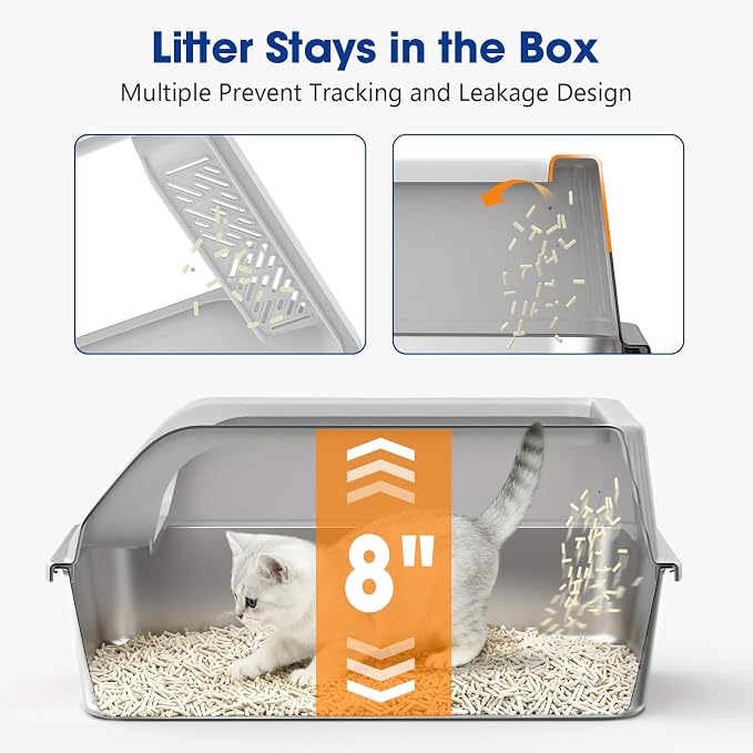 Stainless Steel Litter Box with Lid, Kitten Metal Cat Litter Boxes High Sided Enclosed for Small Cat and Injured Cats Rabbit, Anti-Urine Leakage | Non-Stick Bottom & Includes Scoop