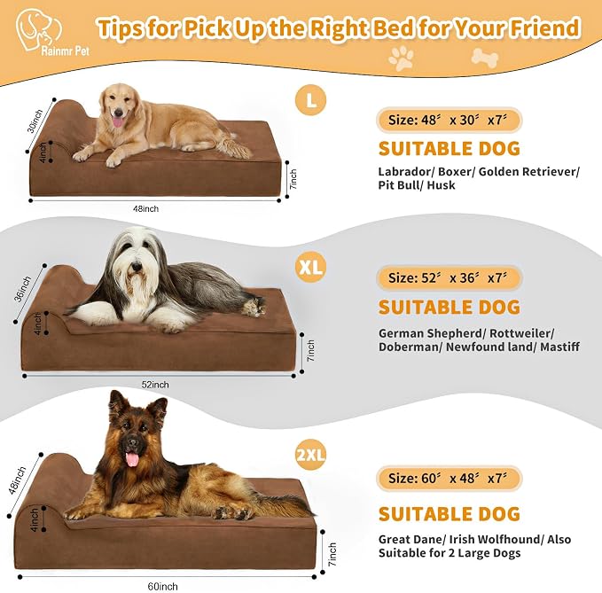 Rainmr Orthopedic Dog Beds for Large Dogs, 7" Memory Foam Dog Beds with Waterproof Liner, Durable Microsuede Cover, Removable and Washable, Nonskid Bottom, 52"x36"x7" XL Chocolate